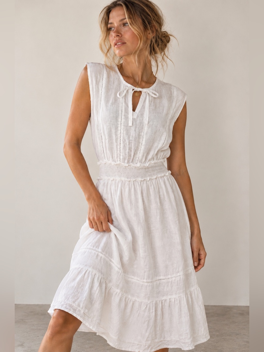 Rails Ashlyn White Linen Blend Smocked Midi Dress Small